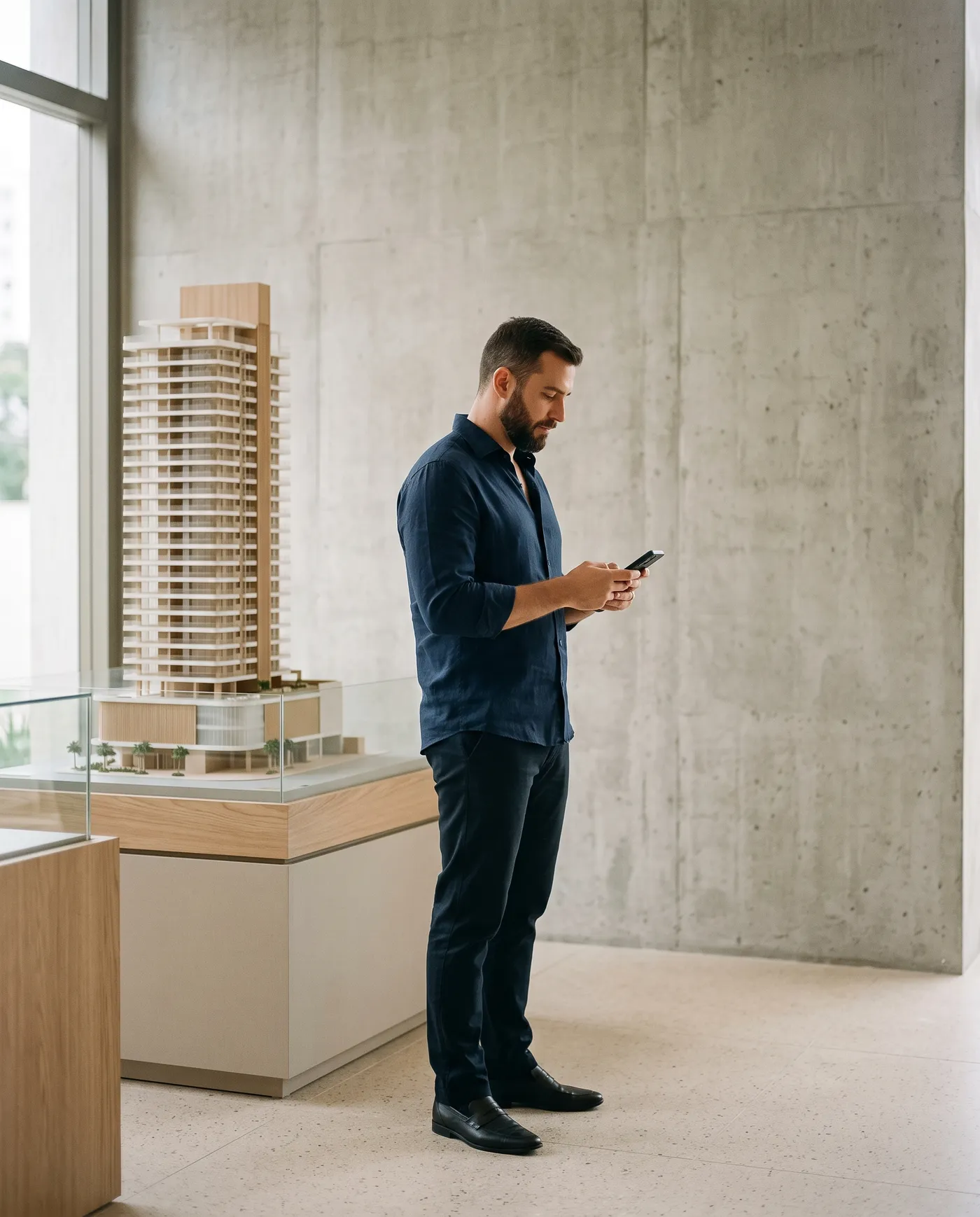 Corretor consulta o celular no stand de vendas, ao lado da maquete de uma torre