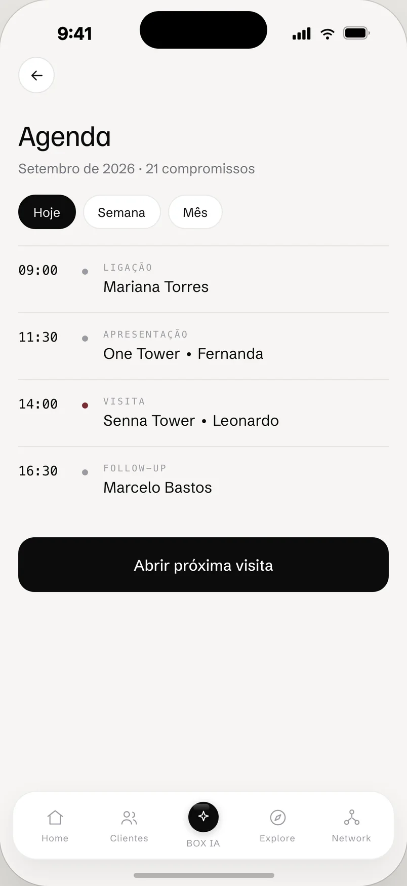 Agenda do BOX OS com quatro compromissos do dia