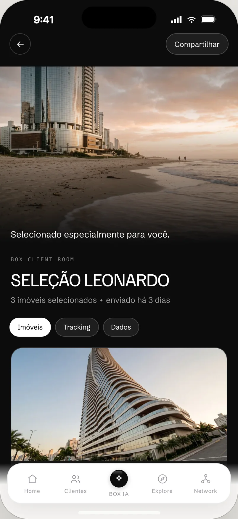 Client Room: Seleção Leonardo com imóveis selecionados e enviados há 3 dias