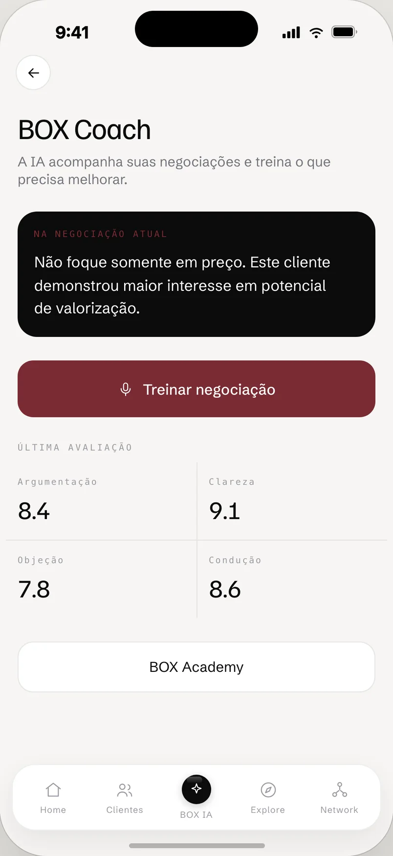 BOX Coach: análise da última negociação com notas de argumentação, clareza, objeção e condução