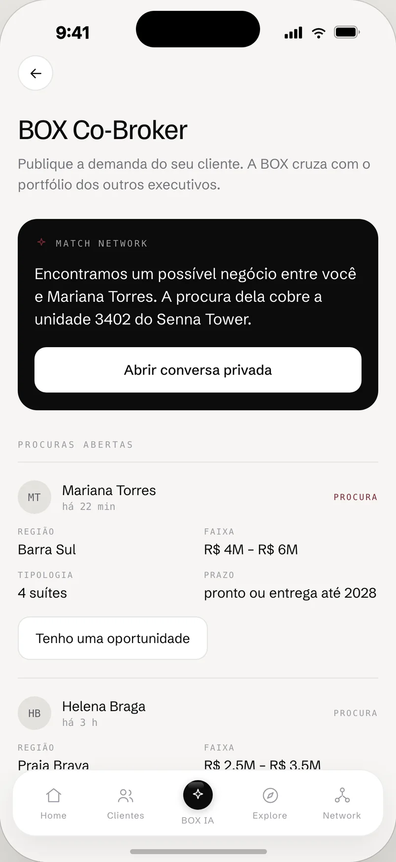 BOX Co-Broker encontrando um possível negócio entre dois corretores