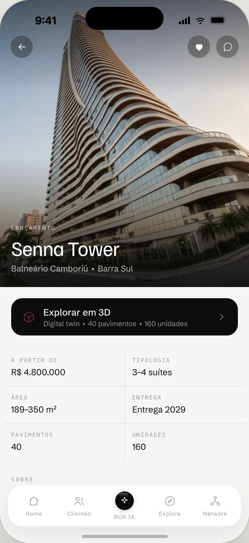 Página do empreendimento Senna Tower no BOX OS