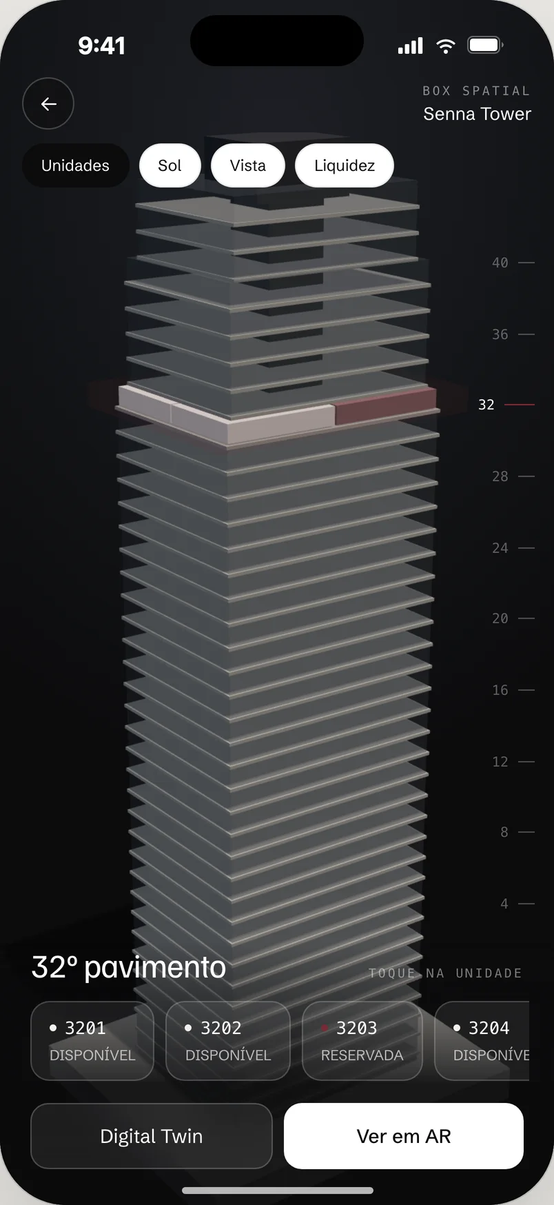 BOX Spatial: torre Senna Tower em 3D com o 32º pavimento destacado