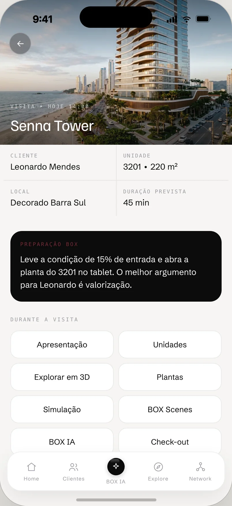 Tela de visita ao Senna Tower com preparação da BOX